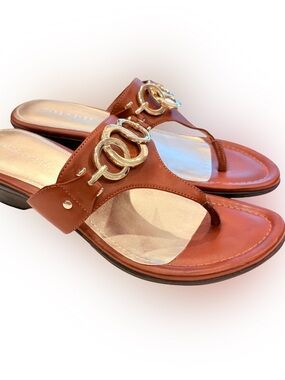 Marc Fisher Ariana Wedge Thong Sandals Brown Gold Ring Accents Sz 9 EUC